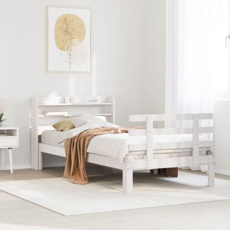 Cadre de lit blanc 90x200 cm avec tête de lit aménagée en pin massif et étagères - sans matelas (1/4)