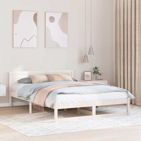 Cadre de Lit avec Tête de Lit en Pin Massif Blanc, Lit Double 140x200 cm, Moderne Minimaliste, Stable et Durable (1/4)