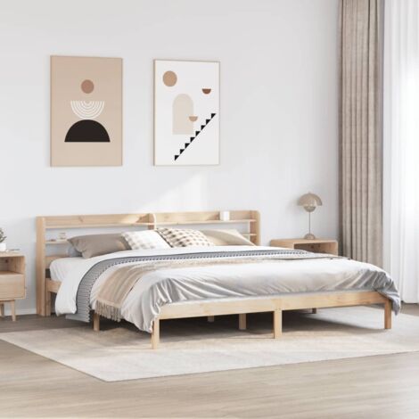 Cadre de lit 180x200 cm en bois de pin massif avec tête de lit et étagères intégrées (1/4)