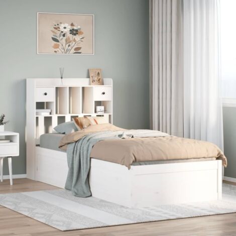 Cadre de lit blanc 90x190 cm avec tête de lit et rangement - Bois de pin massif - Lit fonctionnel et stable (1/4)