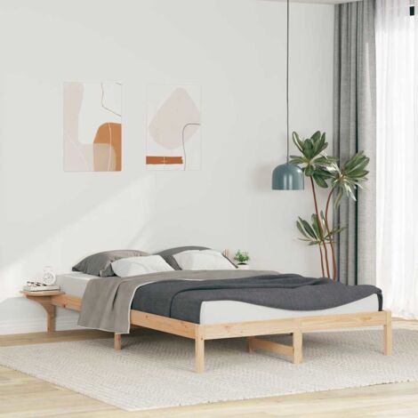 Cadre de lit plateforme avec tables de chevet intégrées - 140x220 cm - Pin massif naturel - Double (1/4)