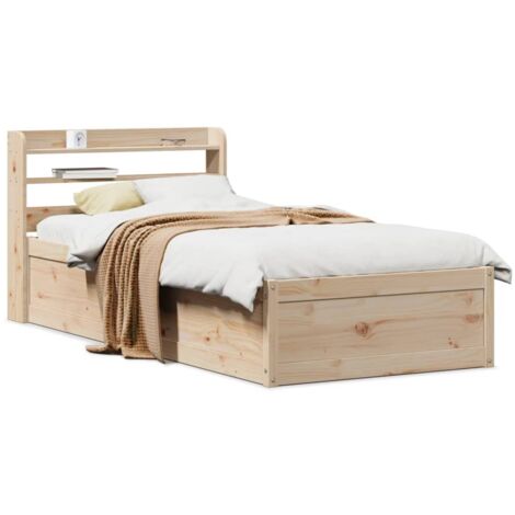 Cadre de Lit 90x190 cm Bois de Pin Massif avec Tête de Lit sur Pied et Etagères de Rangement (1/4)