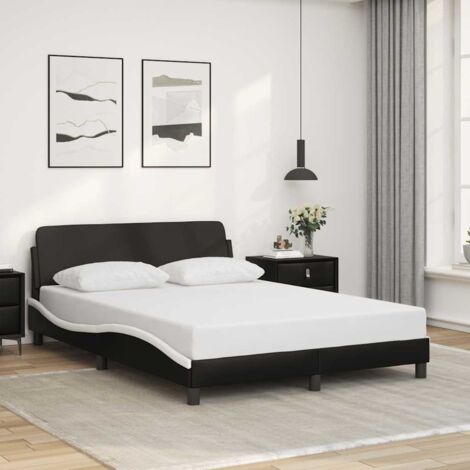 Cadre de lit Dover noir et blanc 120x200 cm avec tête de lit en similicuir pour un sommeil reposant, avec pieds robustes et design ondulé (1/4)