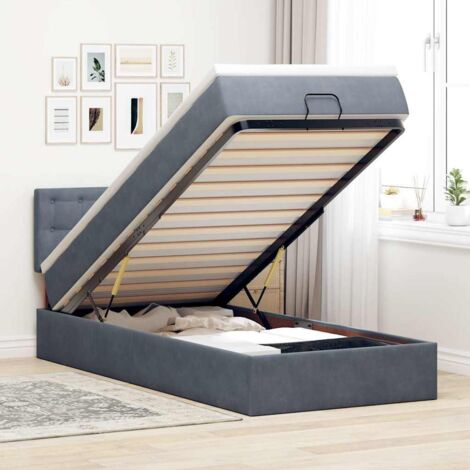 Cadre de lit ottoman avec tête de lit et matelas à ressorts ensachés gris foncé 90x190 cm avec surmatelas et rangement hydraulique (1/4)