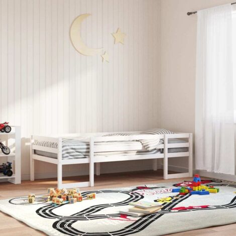 Cadre de lit enfant sans matelas en pin massif 90x190 cm Blanc 4 côtés sécurisés avec garde-corps (1/4)