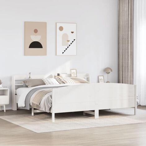 Cadre de Lit 180x200 cm en Bois Massif de Pin Blanc avec Tête de Lit et Étagères de Rangement (1/4)