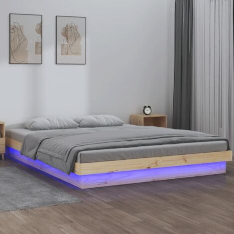 Cadre de Lit LED 140x190 cm Bois de Pin Massif avec Télécommande et Ambiance Lumineuse (1/4)