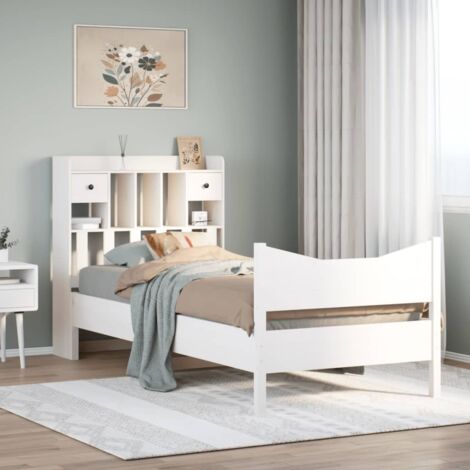 Cadre de lit 75x190 cm blanc bois de pin massif avec tête de lit équipée de 6 compartiments et 2 tiroirs - Sommier à lattes inclus, robuste et durable (1/4)