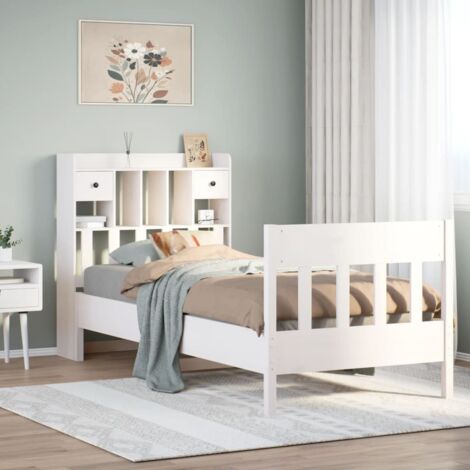 Cadre de Lit Blanc en Bois de Pin Massif 90x200 cm avec Tiroirs et Compartiments de Rangement (1/4)