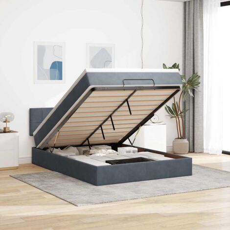 Cadre de Lit Ottoman avec Matelas 140x200 cm, Gris Foncé Velours, Avec Surmatelas et Rangement Hydraulique (1/4)