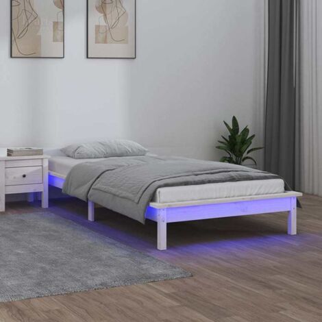 Cadre de lit LED 90x190 cm blanc simple bois massif avec lumières RGB et lattes en contreplaqué (1/4)