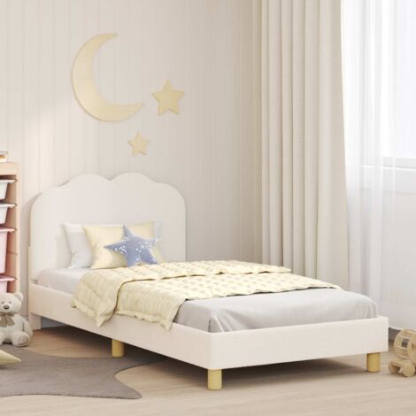 Cadre de lit enfant avec tête de lit design bas pour lit long 90x200 cm - Crème en tissu laine de mouton avec rangements et assemblage facile (1/4)