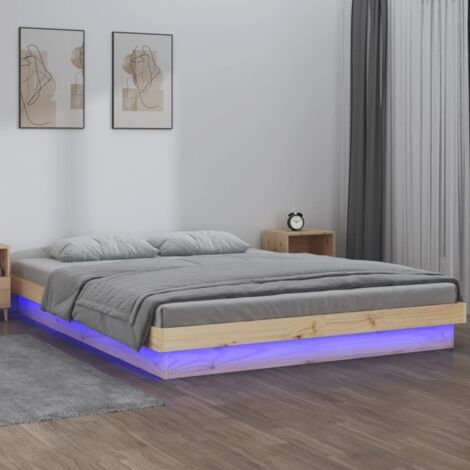 Cadre de lit LED en bois massif de pin - Lit lumineux moderne avec télécommande pour 120 x 190 cm (1/4)