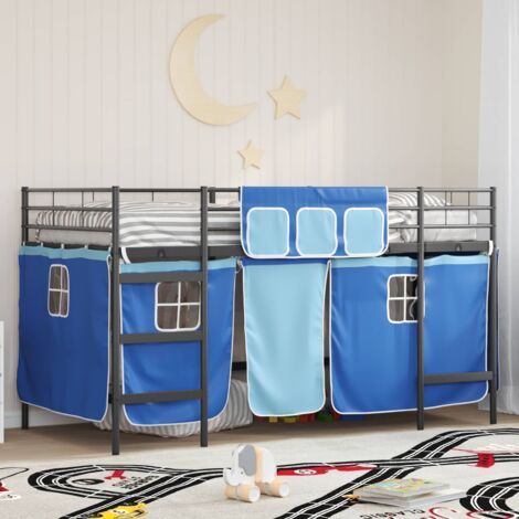 Cadre de lit loft enfant avec rideaux noir et bleu, structure métal robuste, matelas simple 90x190cm (1/4)