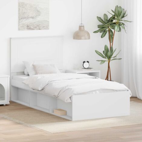 Cadre de Lit Blanc 90x190 cm en Pin Massif - Support Latte Fixe - Tête de Lit Design Moderne (1/4)