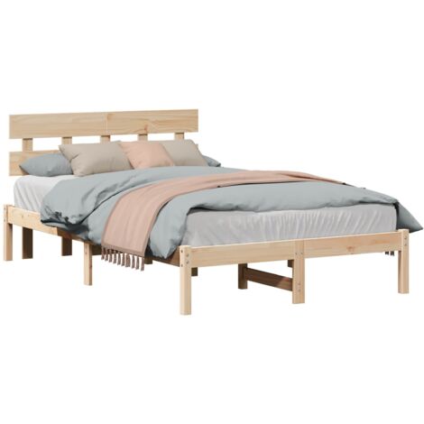 Cadre de lit en bois de pin massif Marron 120x200cm avec tête de lit incluse et support lattes, moderne et élégant pour chambre. (1/4)