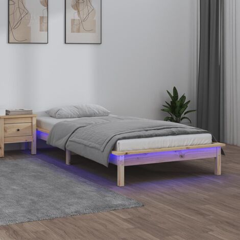 Cadre de lit 90x190 cm en bois massif avec LED RGB intégrées - Structure robuste pour matelas simple (1/4)