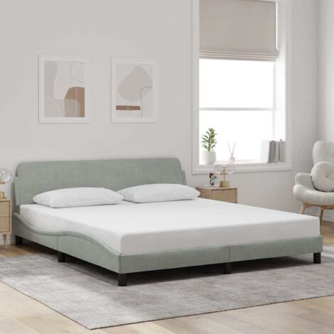 Cadre de lit Dover gris clair 180x200 cm en velours polyester et pin massif avec tête de lit, lattes contreplaqué et design ondulé moderne (1/4)