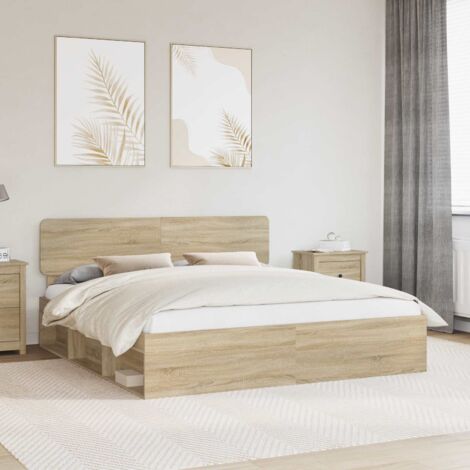 Cadre de lit empereur Sonoma 200x200 cm avec tête de lit en pin massif et bois d'ingénierie, design moderne robuste et facile à assembler (1/4)