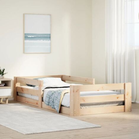 Cadre de lit bois pin massif avec sommier à lattes, sans matelas, dimensions 75x190 cm - Structure durable, assemblage requis (1/4)