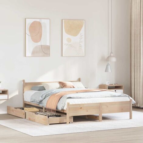 Cadre de lit double 120x200 cm avec tiroirs de rangement et tête de lit en bois de pin massif (1/4)