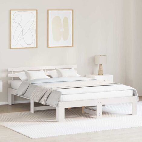 Cadre de lit 140x200 cm Blanc Pin massif avec tête de lit et lattes incluse - Confort modern durable pour 2 personnes (1/4)