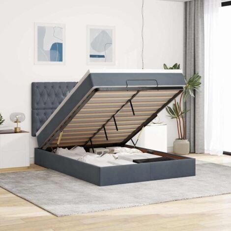 Cadre de lit ottoman avec matelas 140x200 cm, gris foncé velours, avec rangement intégré, surmatelas et bandes LED (1/4)