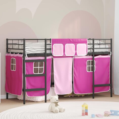 Cadre de Lit Mezzanine Moderne Noir et rose pour enfants avec rideaux et tête de lit murale en métal robuste 90 x 190 cm Modèle Loft Mezzanine pour Enfant (1/4)