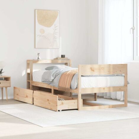 Cadre de lit bois de pin massif 90x190 cm avec tiroirs et tête de lit étagère – Sommier à lattes inclus (1/4)