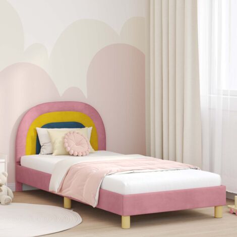 Cadre de Lit pour Enfants avec Tête de Lit Rose Velours 90x200 cm, Confortable Minimaliste à Structure Bois et Poches de Rangement, Sans Sommier et Assemblage Facile (1/4)