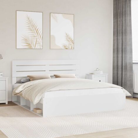 Cadre de Lit avec Tête de Lit en Pin Massif Blanc 180x200cm - Conception Épurée et Durable (1/4)