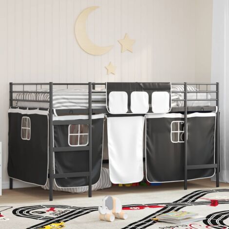 Cadre de Lit Mezzanine pour Enfant Noir avec Rideaux et Support de Lit en Métal 205x85x116cm pour Espace de Jeu (1/4)