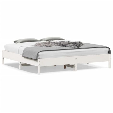 Cadre de lit Blanc 180x200 cm Bois Massif Pin - Lattes Contreplaqué, Stable, Assemblage Requis, Matelas Non Inclus (1/4)