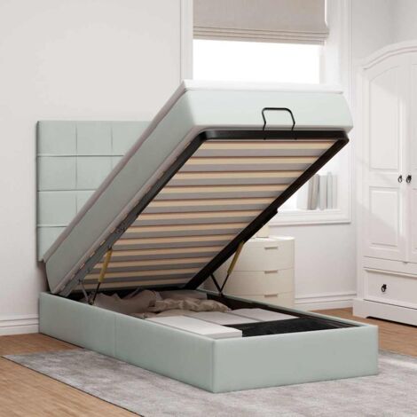 Cadre de lit ottoman avec matelas et surmatelas 90x190 cm, gris clair, velours, rangement hydraulique, ressorts ensachés (1/4)