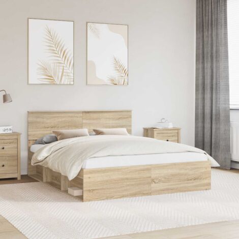Cadre de lit avec tête de lit Sonoma, Pin massif, bois d'ingénierie, king size 160x200 cm, durable et facile à nettoyer (1/4)