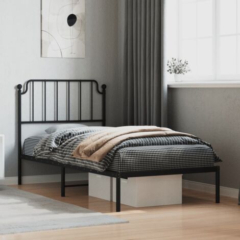 Cadre de lit métallique 90x200 cm avec tête de lit en acier noir robuste, incluant pieds centraux et lattes métalliques pour un soutien et une respirabilité optimales (1/4)