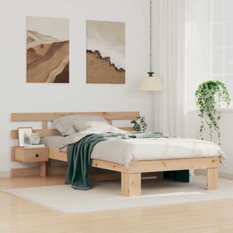 Cadre de lit avec tête de lit Marron en pin massif - Platforme à lattes 90x200 cm - Design moderne pour une personne, facile à assembler et à nettoyer. (1/4)