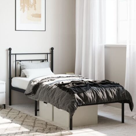 Cadre de Lit Classique métal noir 80x200 cm avec tête de lit et barres de soutien, rangement intégré, design élégant (1/4)