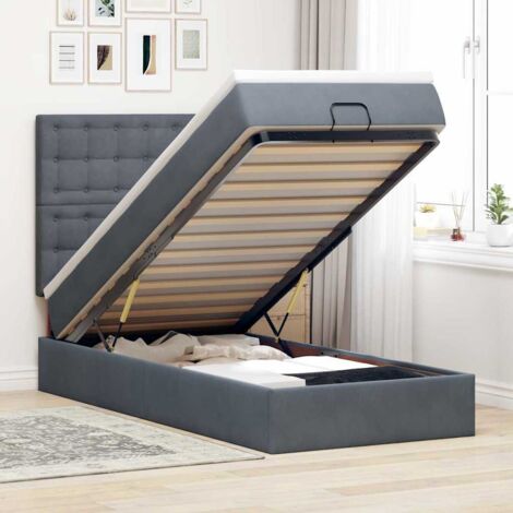 Cadre de lit ottoman avec rangement sous le lit et matelas à ressorts ensachés, surmatelas inclut 90x190 cm gris foncé velours (1/4)