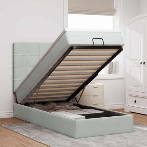 Cadre de lit ottoman avec matelas et surmatelas - Gris clair 90x190 cm - Velours - Mécanisme hydraulique - LED (1/4)