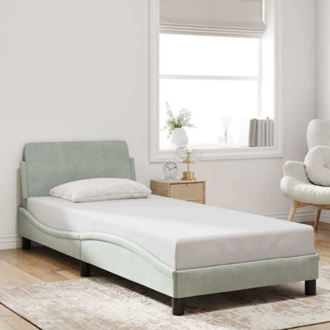 Cadre de lit Dover avec tête de lit en velours gris clair 90x200 cm, design ondulé moderne, incluant lattes de contreplaqué pour soutien optimal (1/4)
