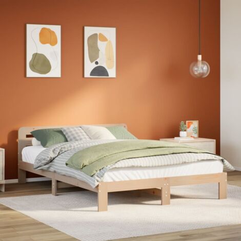 Cadre de lit avec sommier à lattes 160x200 cm bois de pin massif incluant une tête de lit et un espace de rangement supplémentaire (1/4)