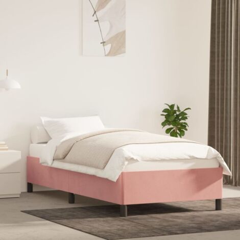Cadre de lit single rose velours 90x200 cm avec lattes bois et pieds stables, sans matelas (1/4)