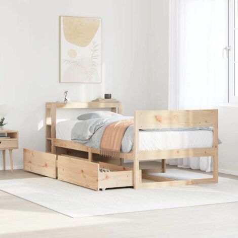 Cadre de Lit 90x200 cm Bois Pin Massif avec Tiroirs et Étagères de Rangement, 2 Tiroirs Inclus (1/4)