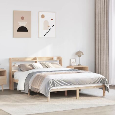 Cadre de Lit en Pin Massif 120x200 cm - Tête de Lit avec Étagères de Rangement, sans Matelas (1/4)
