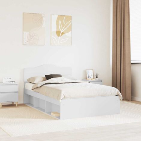 Cadre de Lit Blanc 120x200cm - Bois de Pin Massif, Structure Moderne avec Base en Bois d'Ingénierie pour Petit Double Matelas (47"x79"), Support Max 200kg, Facile à Nettoyer (1/4)