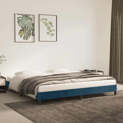 Cadre de Lit Velours Bleu Foncé 200x200 cm avec Lattes Contreplaqué et Pieds Robustes (1/4)