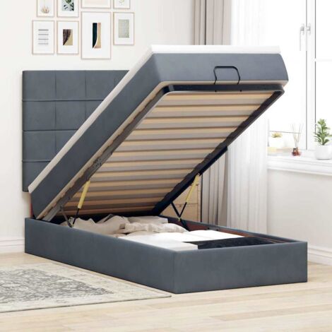 Cadre de lit ottoman avec rangement, tête de lit en velours gris foncé, matelas ressorts ensachés, surmatelas mousse, 90x190 cm (1/4)