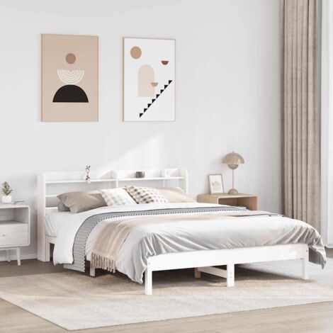 Cadre de lit 140x200 cm avec tête de lit et étagères de rangement Bois de pin massif blanc Sommier lattes (1/4)