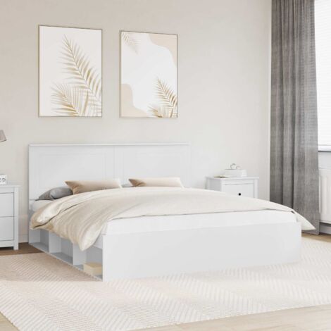 Cadre de lit 200x200 cm Pin massif Blanc avec tête de lit Design moderne Bois d'ingénierie pour matelas king size (200x200 cm) stable durable facile à nettoyer (1/4)